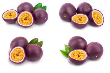 Set or collection whole passion fruits and a half with leaves isolated on white background. Isolated maracuya