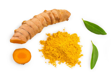 Turmeric powder and turmeric root isolated on white background with copy space for your text. Top...