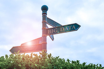 Text sign showing Big Data. Business photo showcasing sets that so complex that traditional software cant deal with them Green road sign on the crossroads with cloudy sky and green grass in the