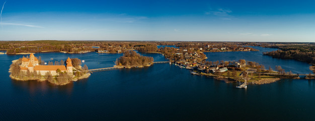 Fototapeta premium Birdseye view of Trakai castle in Lithuania during sunset. One of the most popular tourism objects in Lithuania.