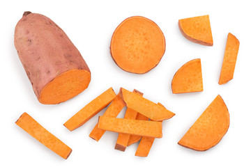 Sweet potato isolated on white background closeup. Top view. Flat lay.