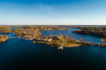 Aerial view of small islands in lake Galve in Trakai, Lithuania.