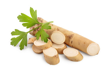 Horseradish root with slices and parsley isolated on white background