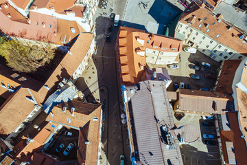 Aerial view of an old town in Vilnius , Lithuania during sunny summer morning. (high ISO image)