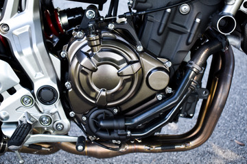 Close up view of naked motorcycle engine