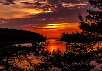 Obraz premium Panorama of the lake at sunset on a summer evening