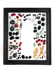 flavors of red wine flat lay, jammy red wine tasting notes - blackberry, raspberry, oak, earthy, pepper, herbs, chocolate, fig, coffee, copyspace, copy space, food border,  flat lay, invitation