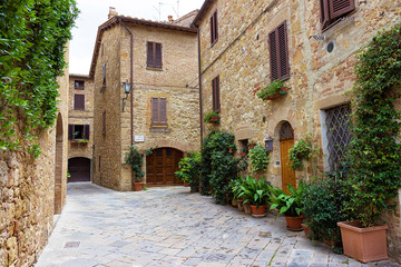 Delicious glimpse of a street of Pienza, famous tuscan town in Italy