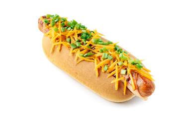 Memphis style hot dog on white background