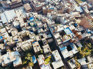 Aerial view of dusty city of Kathmandu , Nepal , captured from above.  