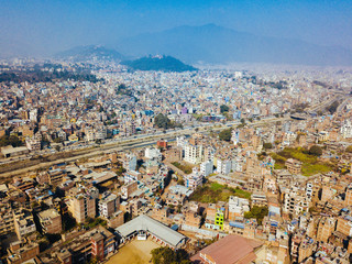 Aerial view of dusty city of Kathmandu , Nepal , captured from above.  
