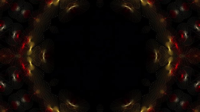 Seamless abstract kaleidoscope sparkling particle pattern on black