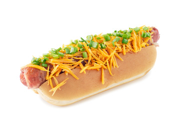 Juicy hot dog with cheese and green onion on white