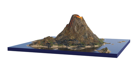 volcano erupts lava, cross section model of island with volcanism isolated on white background (3d science illustration)