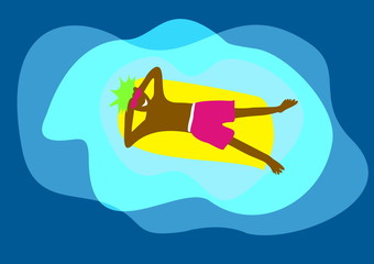 The black guy lies on a mattress in the sea and smiles