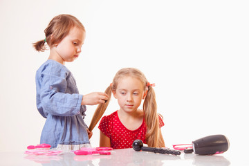 Naklejka premium Funny image of hairdressing services. Creation of hairstyles fashionable stylish girl's hairstyles. Hair styling process. Courses in hairdressing.