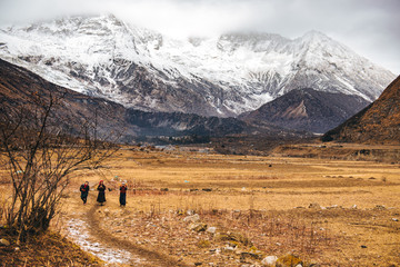 Prachtige Himalaya-bergen bedekt met sneeuw en gehuld in mist, Manaslu Circuit Trek.