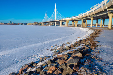 Russia. Bridges of St. Petersburg. Gulf of Finland in St. Petersburg. Krestovsky island. Express...