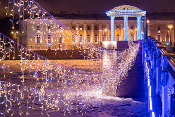 Saint Petersburg. Winter Russia. Christmas illumination in St. Petersburg. Winter city landscape. Christmas tours to St. Petersburg. Travel to Russia in the winter. Cities of Russia. Frozen neva