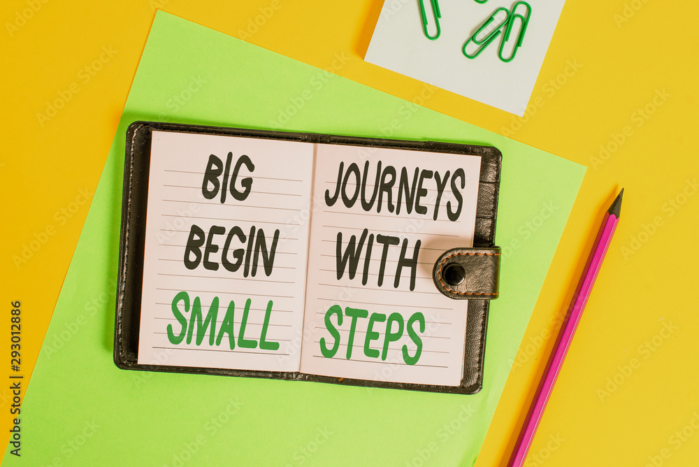 Poster conceptual hand writing showing big journeys begin with small steps. concept meaning one step at a t