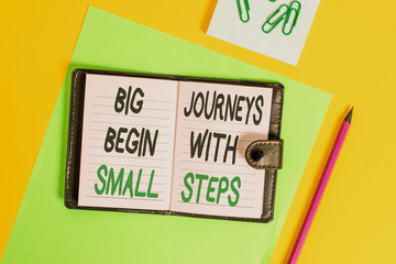 Conceptual hand writing showing Big Journeys Begin With Small Steps. Concept meaning One step at a time to reach your goals Locked diary striped sheets clips notepad colored background
