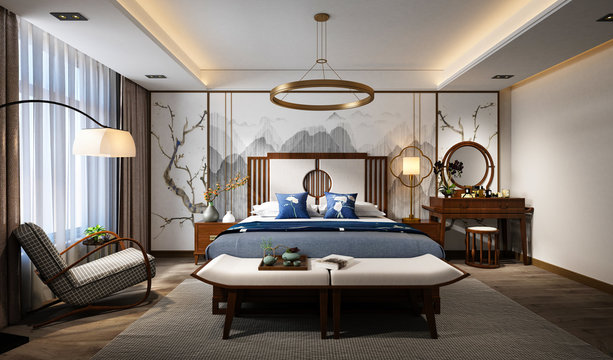 3d render of neo classic hotel room