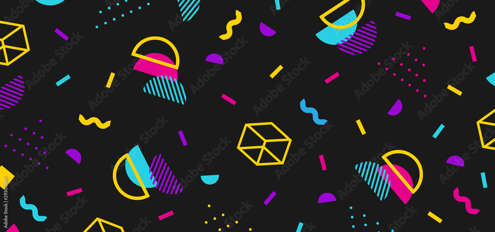 Wall mural background in the style of the 80s with multicolored geometric shapes on the black background. illus