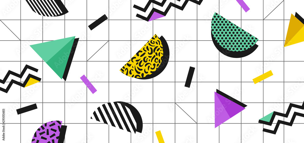 Wall mural background in the style of the 80s with multicolored geometric shapes on the white background. illus