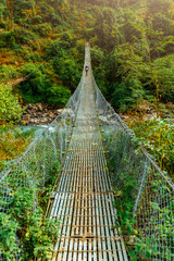 Donkeys crossing metal suspension bridge in Nepal, Himalayas, Manaslu circuit trek.