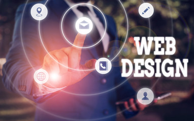 Writing note showing Web Design. Business concept for who is responsible of production and maintenance of websites