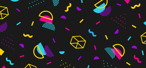 Background in the style of the 80s with multicolored geometric shapes on the black background. Illustration for hipsters Memphis style