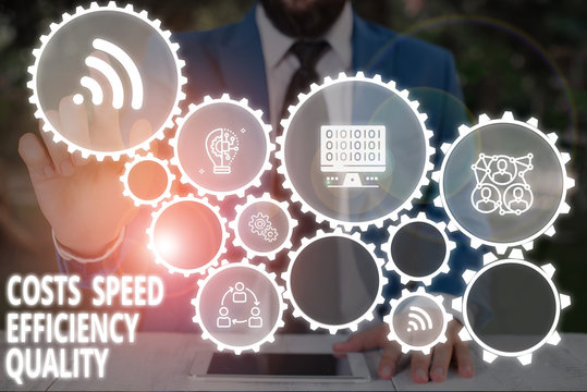 Conceptual hand writing showing Costs Speed Efficiency Quality. Concept meaning Efficient operation inputs outputs balance Male wear formal work suit presenting presentation smart device