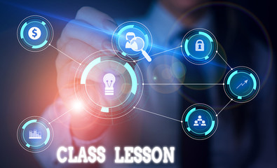 Obraz premium Handwriting text writing Class Lesson. Conceptual photo subject session scheduled for a particular time and day Woman wear formal work suit presenting presentation using smart device