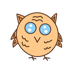 One cartoon brown kawaii owl with huge eyes stands on paws spreading its wings, night forest bird.