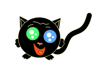 One cartoon black cat with large multi-colored eyes and a long tail is standing on its paws, smiling.