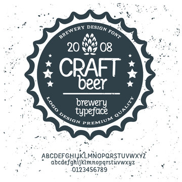 "craft beer" typeface. Vector hand crafted font in medieval style with hops. Good for posters, alcohol label and festival invitation.Letters and numbers.Vector illustration.