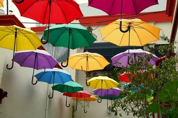 Fototapeta na wymiar Colorful umbrellas in the galería Solar de French, San Telmo district, Buenos Aires - Argentina