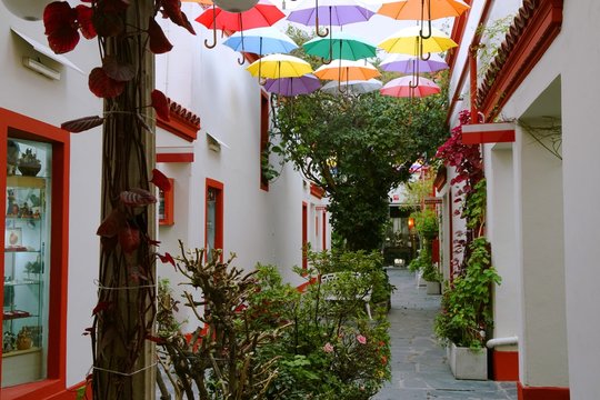 Colorful umbrellas in the galer&iacute;a Solar de French, San Telmo district, Buenos Aires - Argentina
