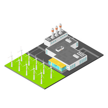 Isometric Industrial Factory Building Wind Farm Vector Illustration