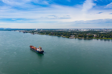 Fototapeta premium Chemical and oil products tanker anchored at the Port of Montreal in the St. Lawrence River.