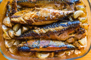 Mackerel baked in the oven, home dish, close-up
