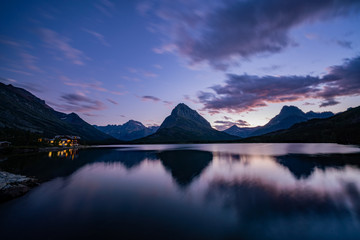 Fototapeta na wymiar Sunset view of the Mount Wilbur, Swiftcurrent Lake in the Many Glacier area of the famous Glacier National Park