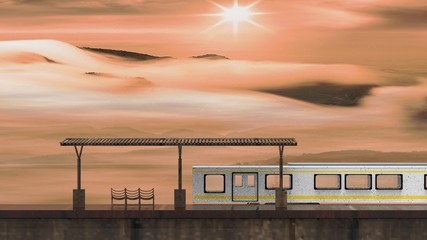 3d rendering of beautiful small train station with train beside it