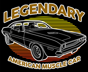Legendary American Muscle Car vintage art with sunset background .This design is suitable for old style or classic car garage, shops, repair. Also for car tshirts, stamps and hot rods things