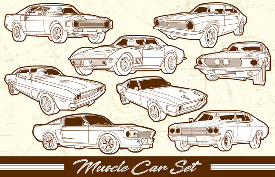 Muscle Car Set with scratch effect Background. This design is suitable for old style or classic car garage, shops, repair. Also for car tshirts, stamps and hot rods