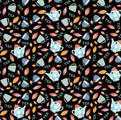 seamless pattern with blue teapots and tea cups, vector illustration