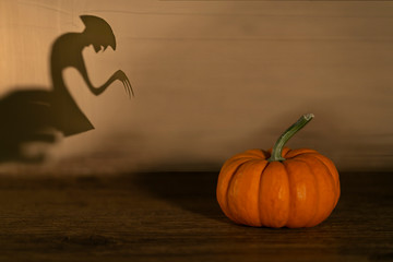 Halloween pumpkin on old wooden background. Spirit monster behind. Shadow theatre concept. © Roman Nikau