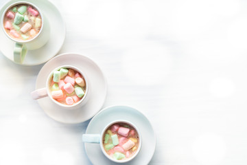 Fototapeta na wymiar Hot Chocolate with Rainbow Marshmallows From Above with Copy Space