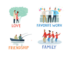 Themed hand-drawn icons Love, Favorite Work, Friendship, Family. Vector full color graphics. Hand vector minimalistic graphics full color