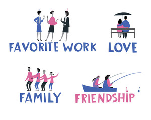 Themed vector stories. Love, Friendship, Favorite job, Family. Minimalistic drawings of people. Hand vector minimalistic graphics full color